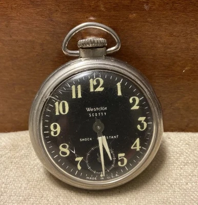 复古 1966 Westclox Scotty 夜光黑色表盘银色怀表 美国 - 可正常工作 — 第 1/4 张图片