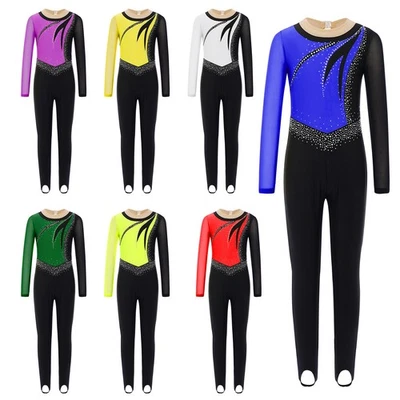 UK Kids Girls Gymnastics Performance Costume Long Sleeves Shiny Dance Jumpsuit - Image 1 of 3
