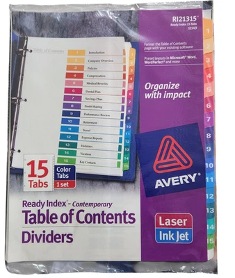 AVERY READY INDEX TABLE OF CONTENTS DIVIDERS 15 Color Tabs RI21315 BRAND NEW - Image 1 of 4