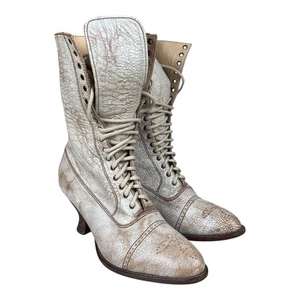 Oak Tree Frontier viktorianische Schnürstiefel abgenutzt weiß Leder Gr. 6 - Bild 1 von 9