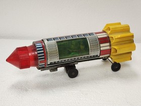 Alps Space Rocket Saturn X5 11.5" Long 1960s Japanese Litho Tin Toy Motor Works