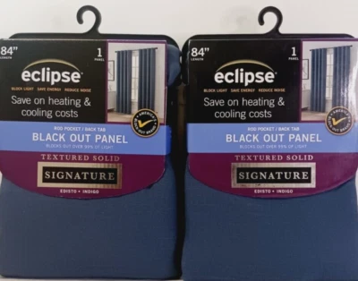 Eclipse Black Out Panel/ Rod Pocket Back Tab Textured Solid Indigo Set Of 2 New - Image 1 of 4