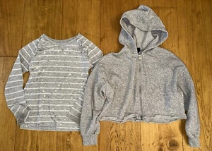 Lot of 2 Girls Tops Gray Crop Hooded Sweat Jacket, Long Sleeve Shirt size S 6-6X - Picture 1 of 9