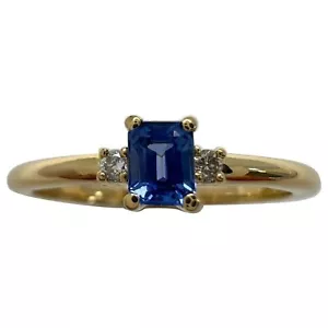 Delicate Ceylon Blue Emerald Cut Sapphire & Diamond Three Stone 18k Gold Ring - Picture 1 of 10