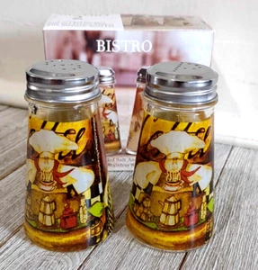 Salero y pimentero de vidrio con calcomanía Bistro Chef tapas de acero inoxidable  - Imagen 1 de 7