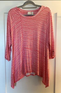 Chicos Top Size 2 Zenergy EUC Women's Red/White Stripe 3/4 Sleeve Rayon/Spandex - Picture 1 of 5