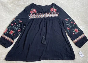 Womens LG Peasant Shirt Black w Red Rose Boho Festival Embroidered Tribal Flowy - Afbeelding 1 van 9