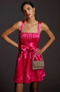 NWT NWT ANTHROPOLOGIE Maeve Bow-Tie Pink Satin Mini Dress Sz 10 - Picture 1 of 2
