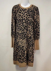 Loft Midi Sweater Dress M Leopard Knit Old Money Luxury Cuffed Fitted Chic - Picture 1 of 11