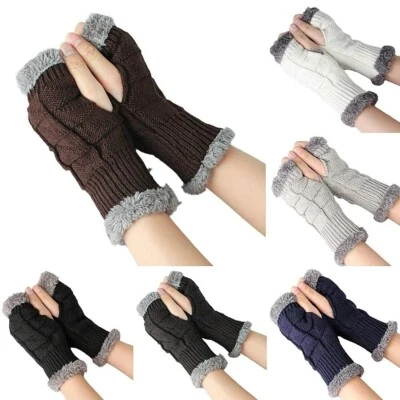 Women Ladies Winter Fingerless Suede Fur Gloves Mittens Soft Warm Fleece Lined - Image 1 of 4
