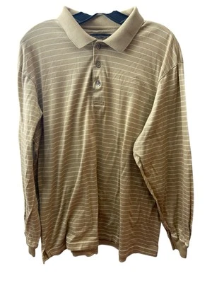 Donald J Trump Polo Shirt Men Large Brown Pima Cotton Long Sleeves Tan Striped - Image 1 of 4