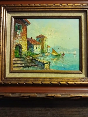 P.G. Pintura al óleo original de barco de pesca artista italiano Tiele Foto 1 de 3