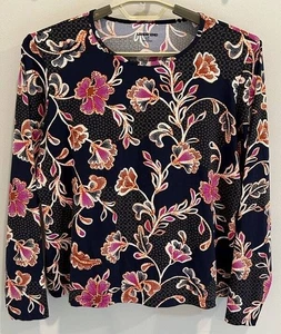 Lands End Langarm Rash Guard marineblau pink orange Blumen Badeanzug Petite L 14 16 - Bild 1 von 9