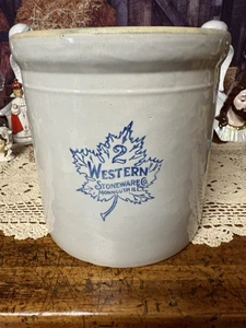 ANTIQUE WESTERN STONEWARE 2 GALLON MAPLE LEAFCROCK / FERN DESIGN - Picture 1 of 8