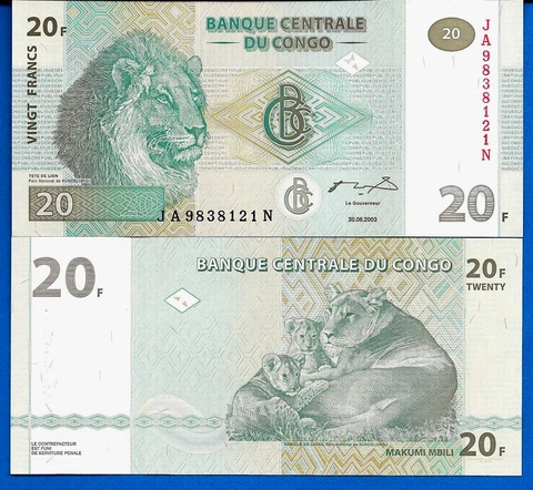 Congo D.R. P-94 20 Francs Year 2003 Lion Uncirculated Banknote Africa Cover