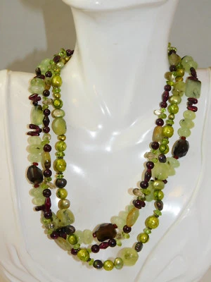 3 Filo Verde Perla Muschio Agata Quarzo Perlina Argento Sterling Collana 10c 45 - Immagine 1 di 4