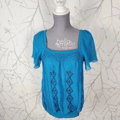 Espirit Blue Artsy Embroidered Square Neck Top | Women's 6 - Image 1 of 4