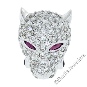 Italian 14K White Gold 2.30ctw Diamond & Ruby Panther Face Head Slide Pendant - Picture 1 of 5