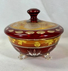 BOHEMIAN AMBER & RUBY CUT & ETCHED GLASS LIDDED CANDY DISH - Picture 1 of 7