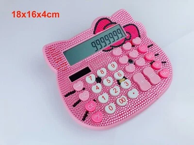 Blingustyle Kitty Design Pink Crystal 12 Digit Dual Power Calculator P - Image 1 of 4