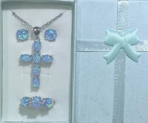 Beautiful Ocean Blue Fire Opal Cross Necklace, Earrings, & Ring Sz 9 Set - Picture 1 of 10
