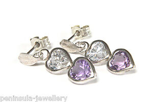 9ct White Gold Amethyst and CZ Earrings Double Heart Drop Made in UK Gift Boxed