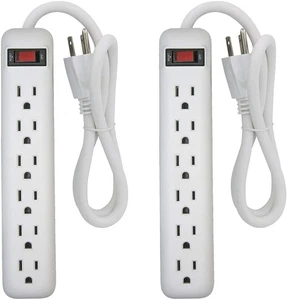 2-Pack 6 Outlet Power Strip, 1.5 ft Cord, 3 Prong, White, 15 Amp Breaker - Picture 1 of 7