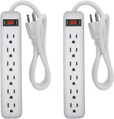 2-Pack 6 Outlet Power Strip, 1.5 ft Cord, 3 Prong, White, 15 Amp Breaker - Image 1 of 4