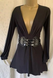 Lipsy Black V Plunge Buckle Wrap Over S/ M Steampunk Gothic Vamp Y2K Mini Dress - Picture 1 of 15