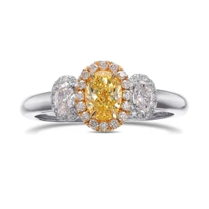 Fancy Intense Yellow Oval Lab Grown & White Oval 3-stone Halo Diamond 18k Ring - Picture 1 of 8