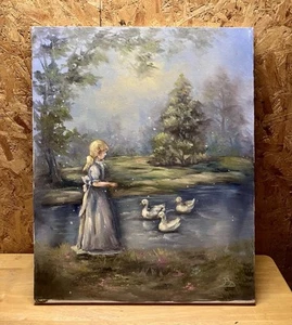 Vintage Oil Canvas Painting Young Girl Feeds Ducks Pond Nature 16”x20” - Picture 1 of 9