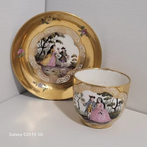 Tasse Sous Tasse Saxe Meissen Peint Or Dorure 19ème Ancienne - Imagen 1 de 24
