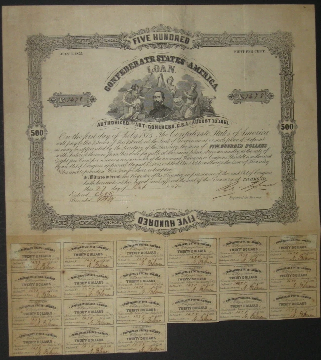 $500 Confederate Bond, Act of Aug. 19, 1861, Man with 3 Women 21 coupons - Image 1 of 1