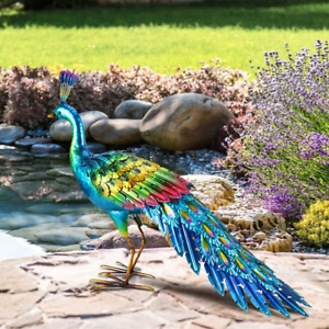 Peacock Statue Metal Bird colorful for Outdoor Garden Yard Art Lawn Decoration
