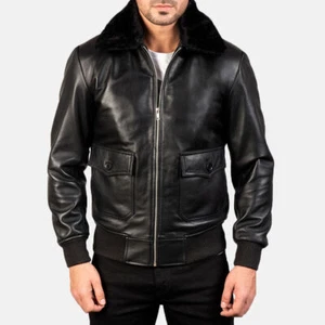 New Men's Airing G-1 Black Leather Bomber Jacket Collar Full Real Lambskin Coat - Picture 1 of 10