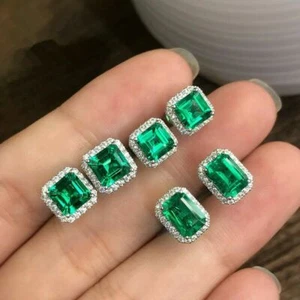 Earrings Fashion Silver Plated Jewelry Gift Emerald Ear Stud for Women Girl - Picture 1 of 11