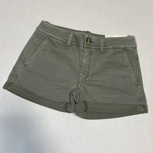 American Eagle Super Stretch X Midi Shorts Khaki Buttons Green Size 00 NWT - Picture 1 of 7