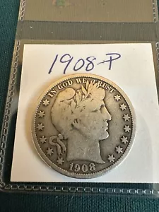 1908 P 1908-P Barber Silver Half Dollar Lot 08P - Picture 1 of 2