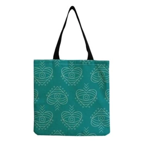 Bolso de Mano Verde Azulado Corazón Estampado Ojos Lona Comprador Viaje Playa Reutilizable - Imagen 1 de 1