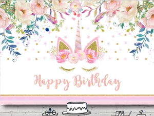 UNICORN PINK WHITE PERSONALISED BIRTHDAY PARTY BANNER BACKDROP DECORATION - Bild 1 von 4