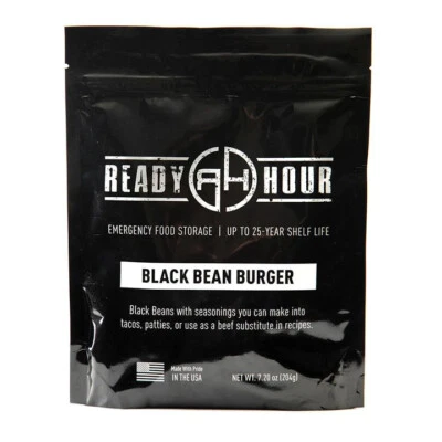 READY HOUR ESSENTIALS Black Bean Burger Emergency Survival Food Pouch Meal 25 Year Life 6 Servings