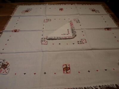 Nappe + 5 Serviettes  en lin et avec broderies de jeu de cartes     (ref 43 ) - Photo 1/4