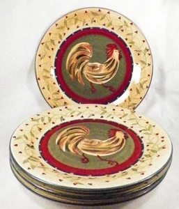 4 Chez Rooster Dinner Plates 222 Fifth Floral Vine Colorful Folk Art Country AA - Picture 1 of 6