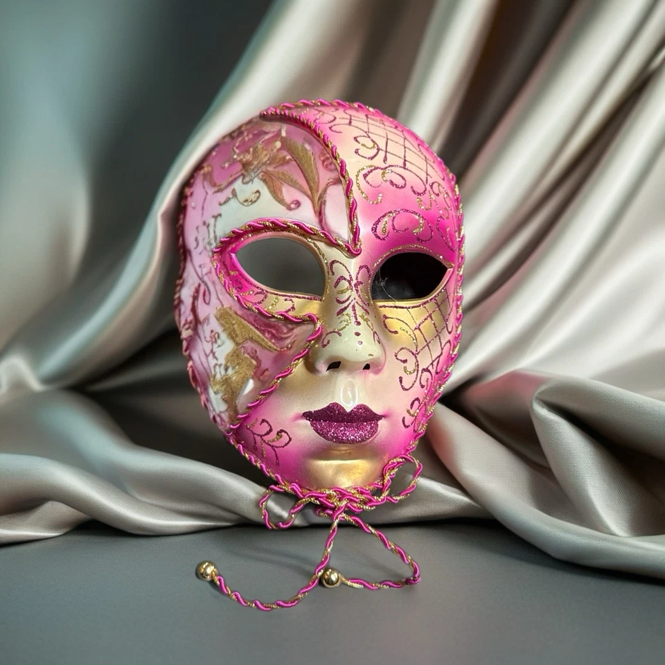 Декоративная маска-маскарад в венецианском стиле в розовом и золотом цвете - Изображение 1 из 2