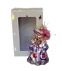 Cappello vestito viola nonna mamma orso vetro soffiato ornamento nastro pizzo 4,75" vacanza - Foto 1 di 12