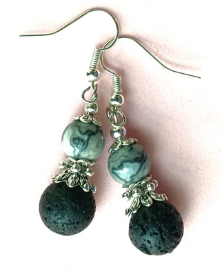 Brinco gota Black Picasso Jasper & Lava Rock SP LEVERBACK artesanal XGET - Imagem 1 de 4