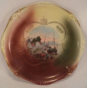 Vintage Decorative Porcelain Green Plate Platter Village Boats Decor Gold Trim - Picture 1 of 8