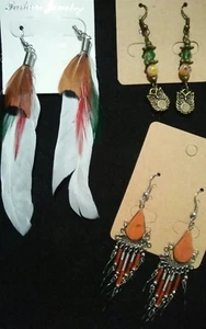 *SALE*3pair Handcrafted Earrings Owl ,Feather,& Stone - Picture 1 of 4