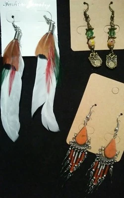 *SALE*3pair Handcrafted  Earrings Owl ,Feather,& Stone - Image 1 of 4