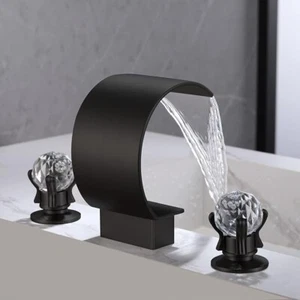 Widespread Waterfall Bathroom Sink Faucet Basin 3 Hole Matte Black Mixer Tap - Picture 1 of 18